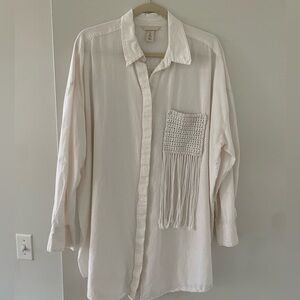 2022 H&M Oversized Cotton & Linen Tassel Button Shirt L